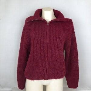 Zenana Zip Up Fuzzy Cardigan Sweater Oversized Collar Ribbed Knit Women’s Size M